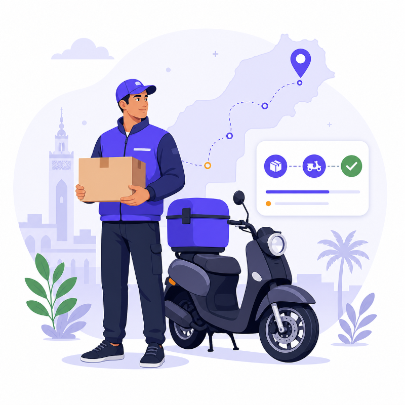 Livreur avec scooter et colis COD sur une carte de livraison abstraite.